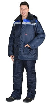 Костюм "СИРИУС-СТРОЙГРАД" зимний: куртка длинная., брюки темно синий с васильковым и СОП