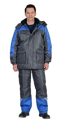 Костюм "СИРИУС-ФОТОН" зимний: куртка дл., брюки тёмно-серый с васильковым и СОП-25 мм.