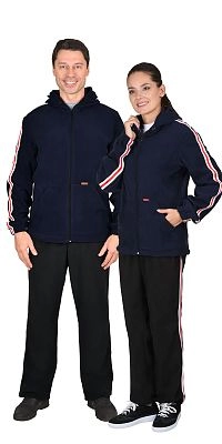 Куртка  флисовая синяя с лампасной лентой, с капюшоном